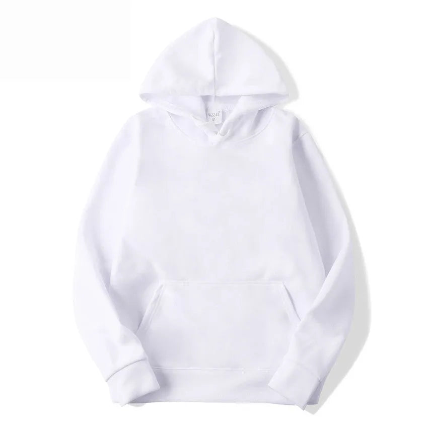 A white cotton blend pullover hoodie with long sleeves on a plain background.