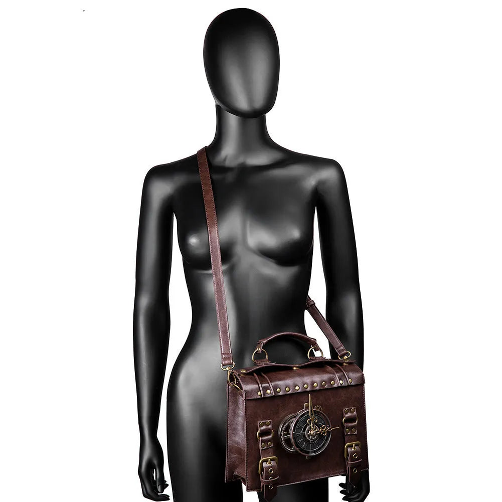 Bronze steampunk industrial retro shoulder bag with metal details and pillow bag shape
