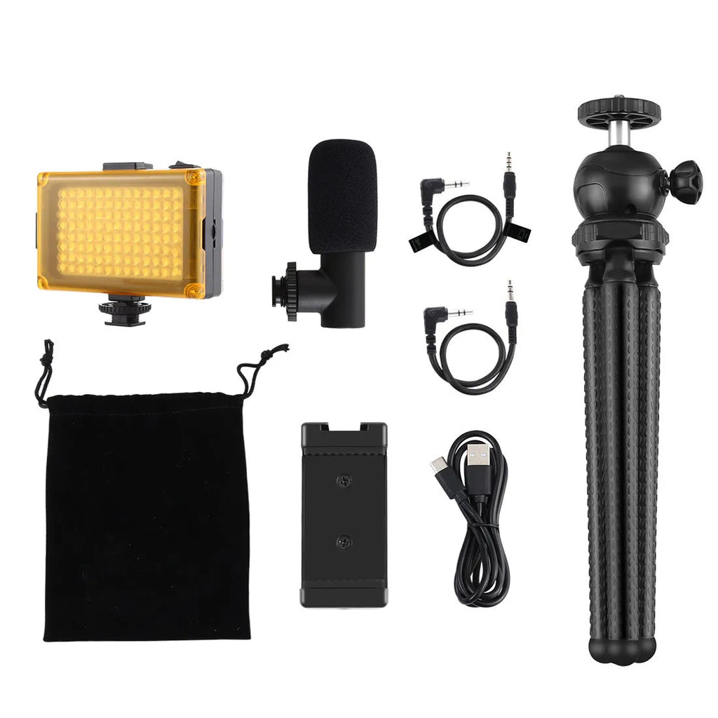 Black octopus tripod kit with flexible legs, integrated fill light, and microphone for iPhone live streaming.