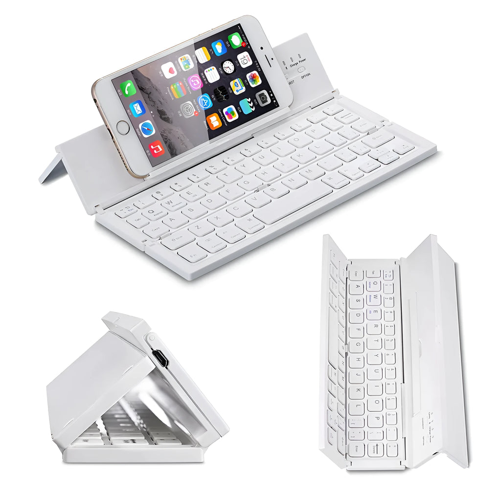 Black and white folding Bluetooth keyboard for tablets with aluminium bottom