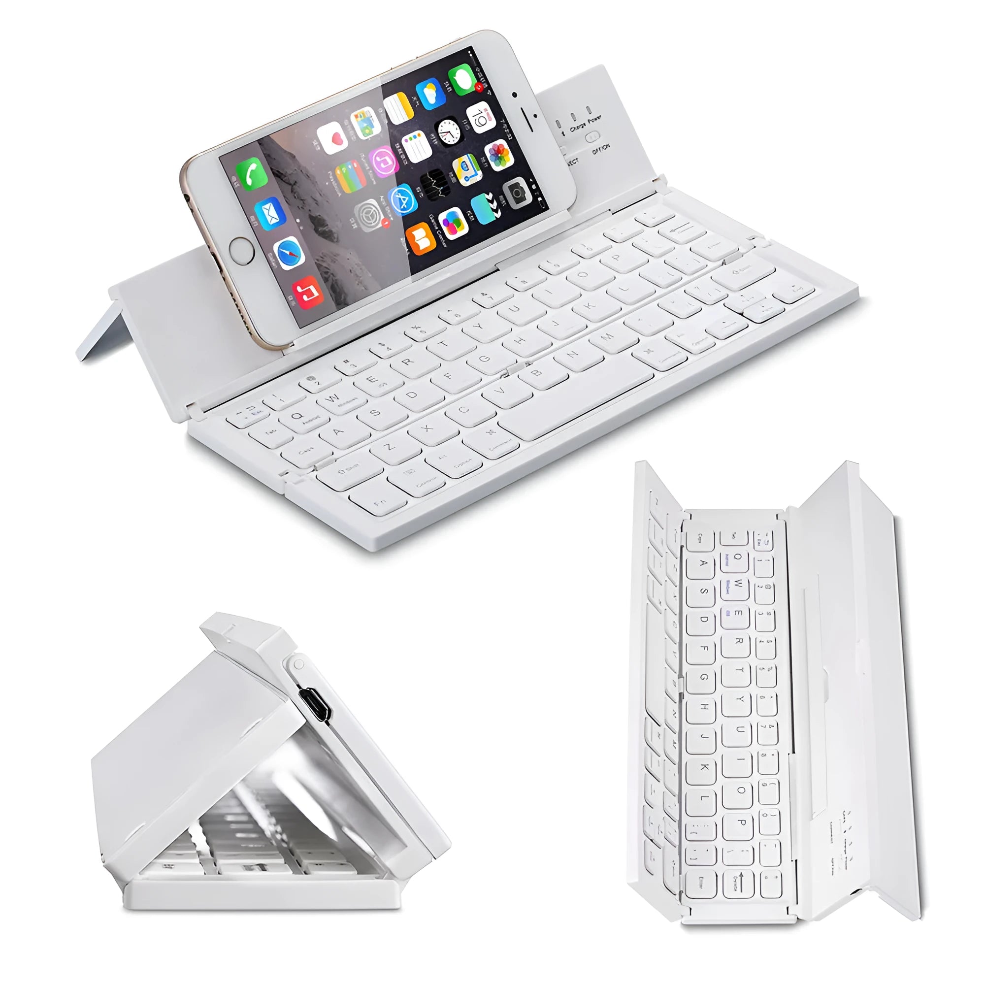 Black and white folding Bluetooth keyboard for tablets with aluminium bottom