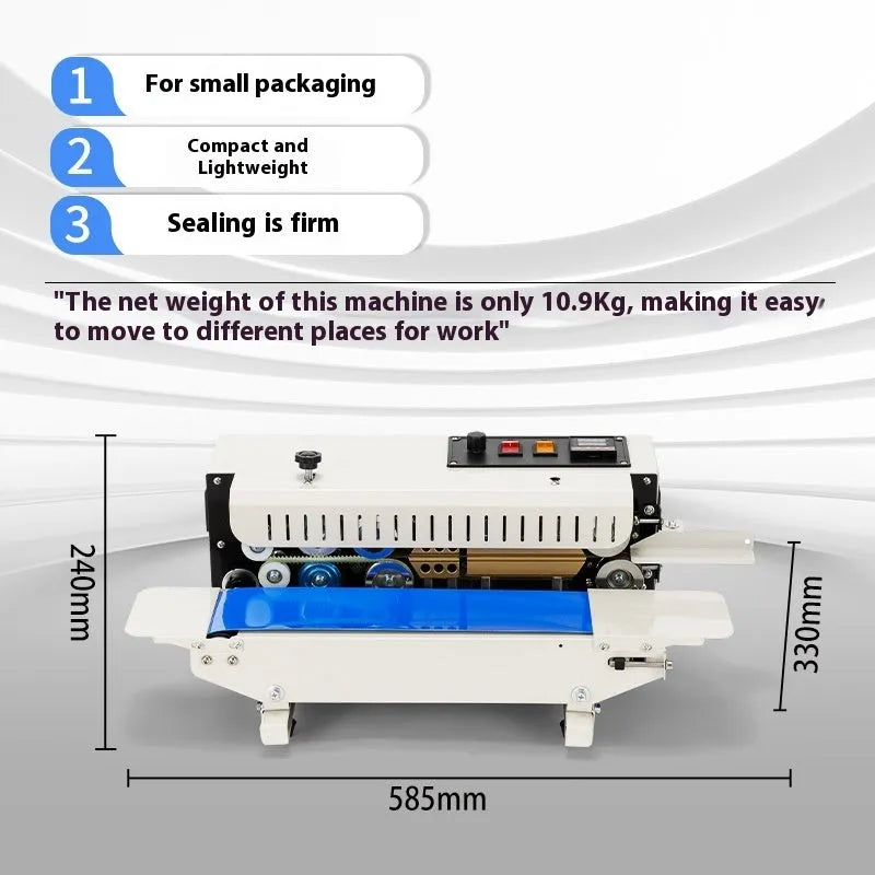 Handheld L1 steel seal style heat sealer with date printer on a countertop.