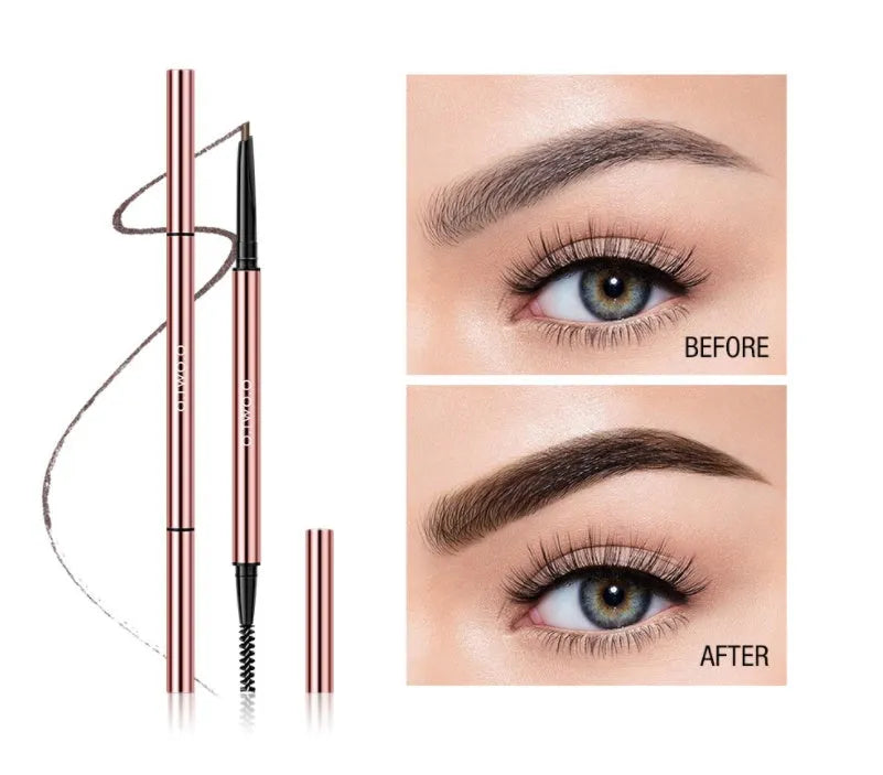 Square-shaped eyebrow pencil in colour box with Auburn, Blonde, Caramel, Dark Brown, Soft Brown, Taupe shade options.