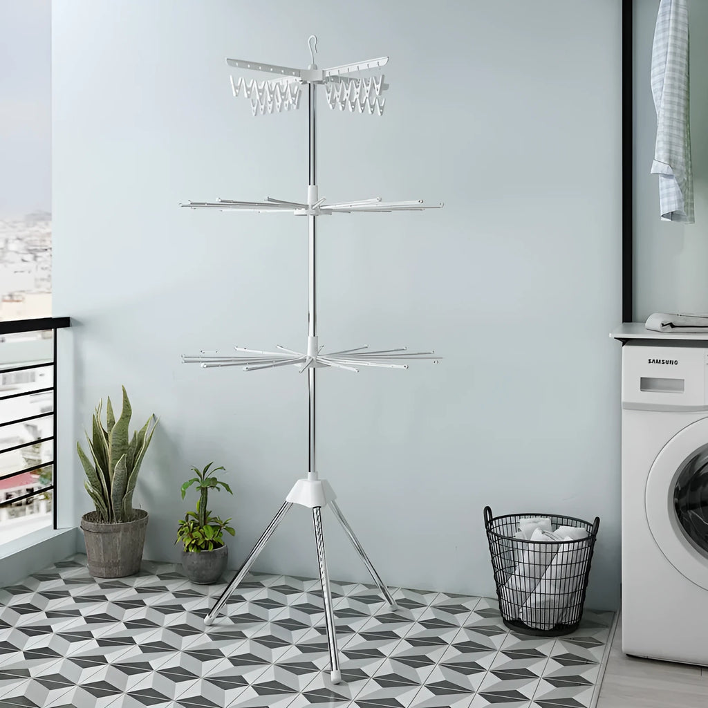 Stainless steel mobile drying rack with three layers and plastic clip sections for organised clothes drying