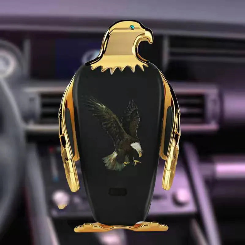 Black and gold wireless charging car phone holder with eagle design and suction cup.