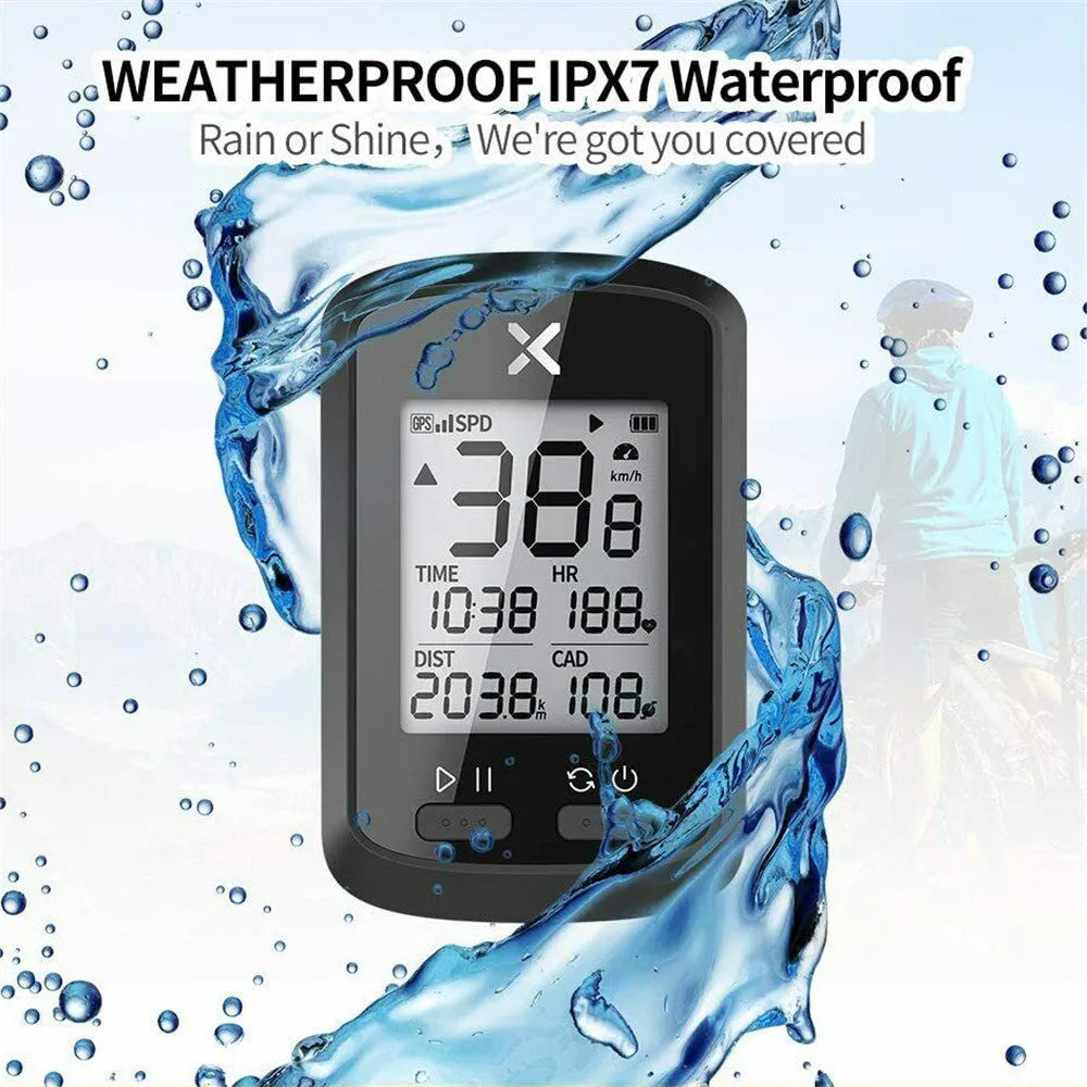 Black waterproof plastic digital stopwatch for bicycle handlebars.
