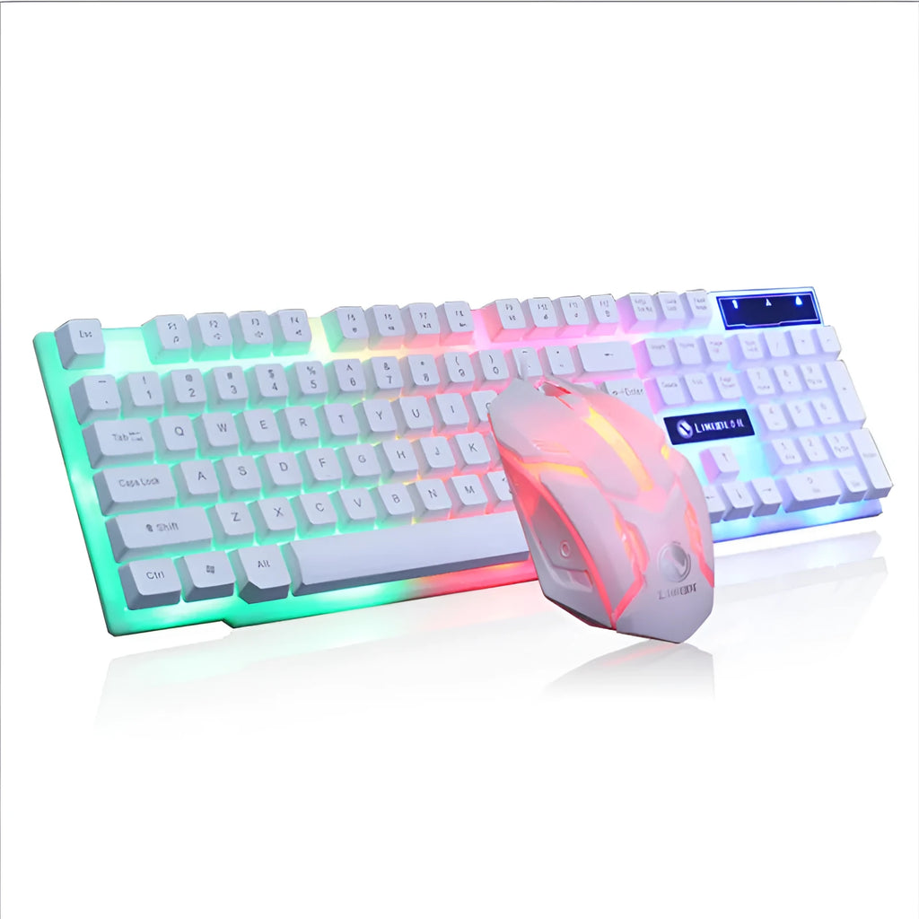 Limei Gtx300 wired USB gaming keyboard and mouse set in four colour options on a desktop.