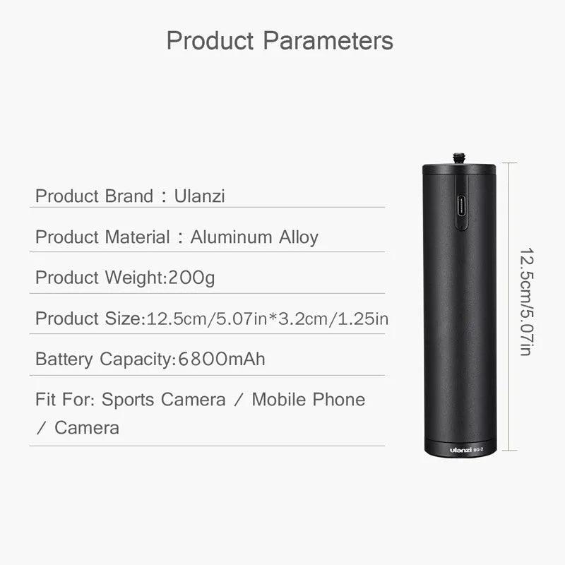 Black aluminium power bank with a carry handle, showing slim 12.5cm length.