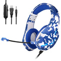 Wired gaming headset with cloth earmuffs in camouflage colour and braided cable