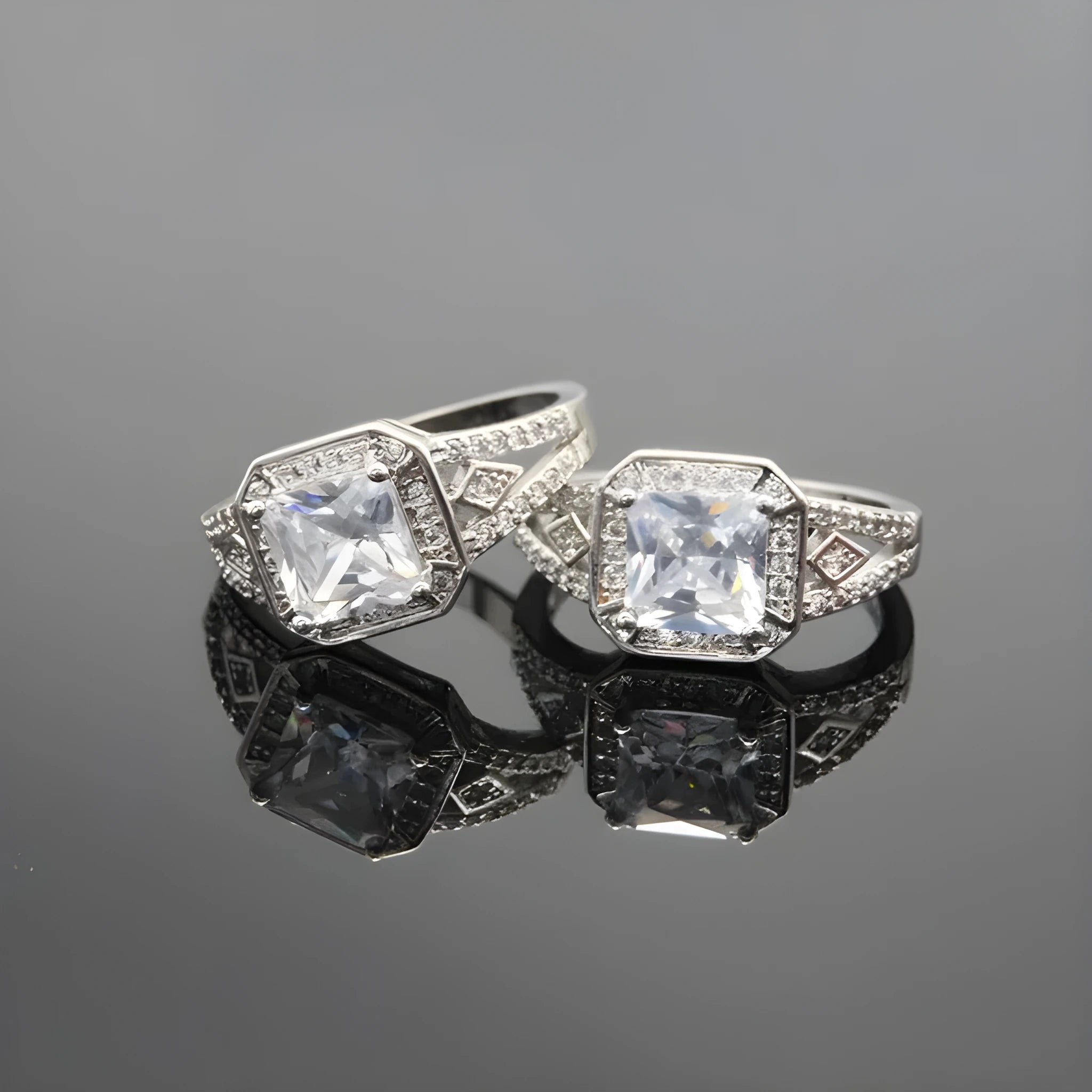 Platinum geometric zircon ring with hollow quadrilateral design on copper base