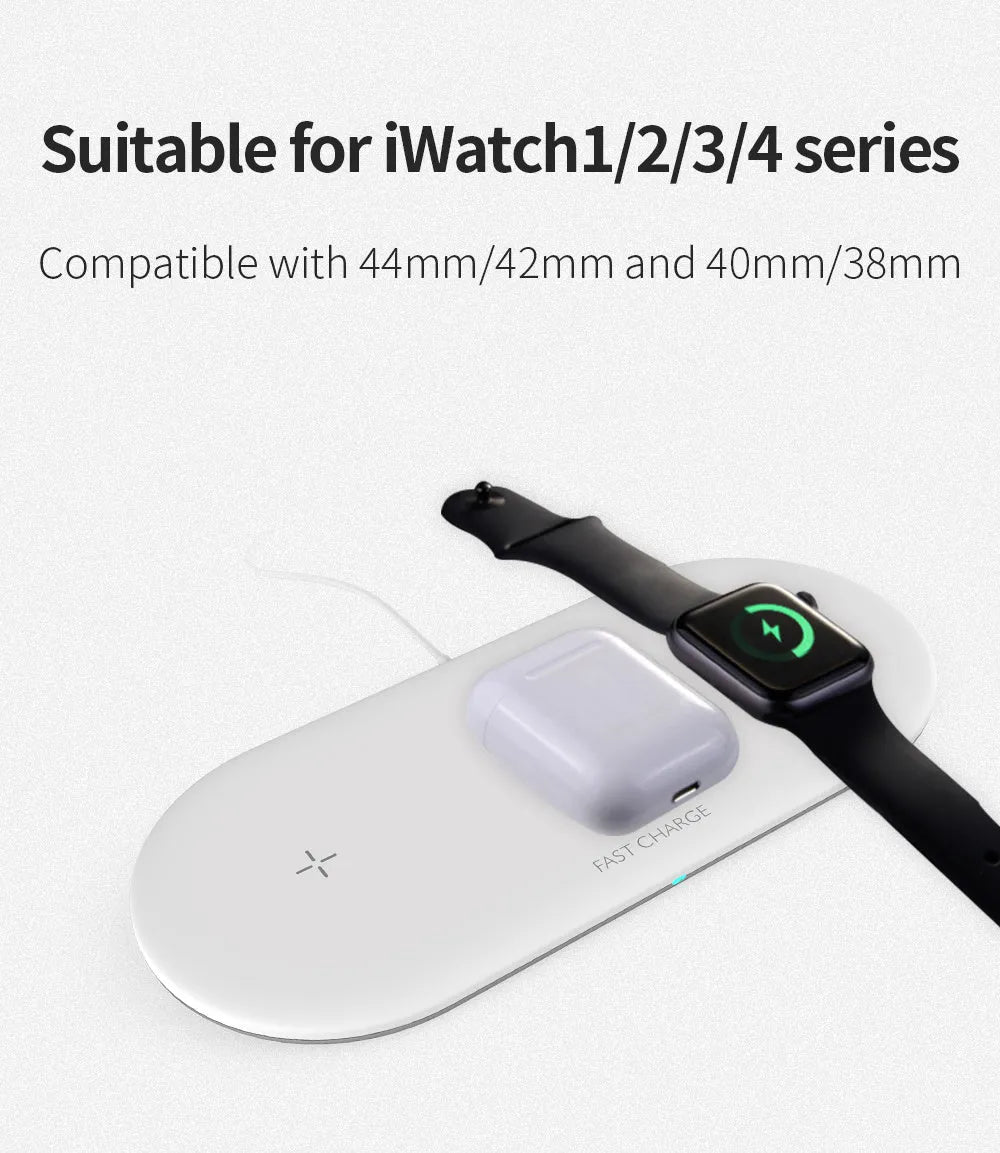 Black or white three-in-one wireless charging station for Apple phones, watches, and headphones