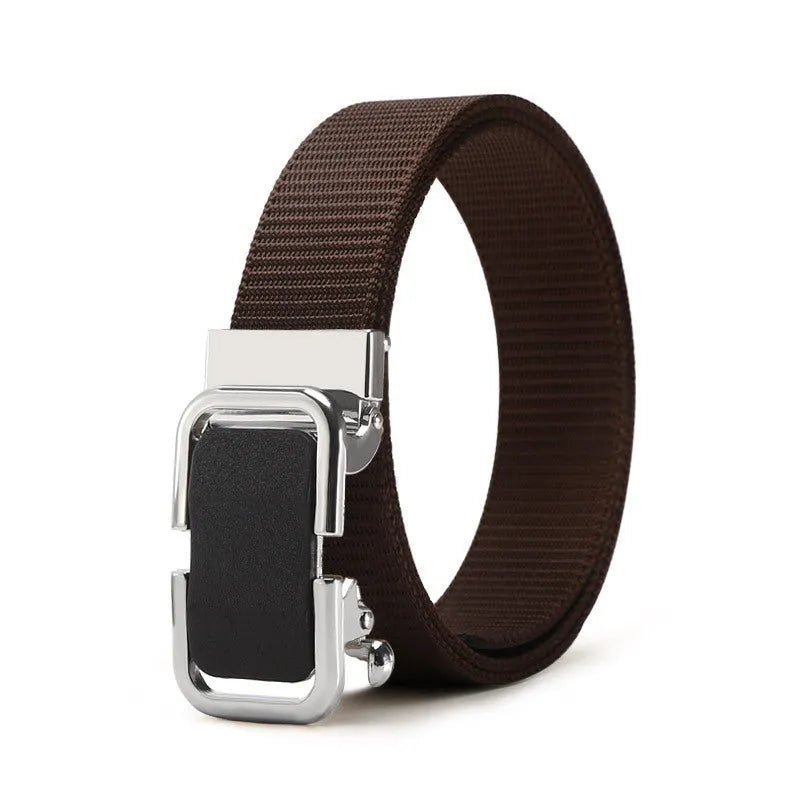 Toothless nylon canvas men's belt with alloy buckle shown in multiple colour options