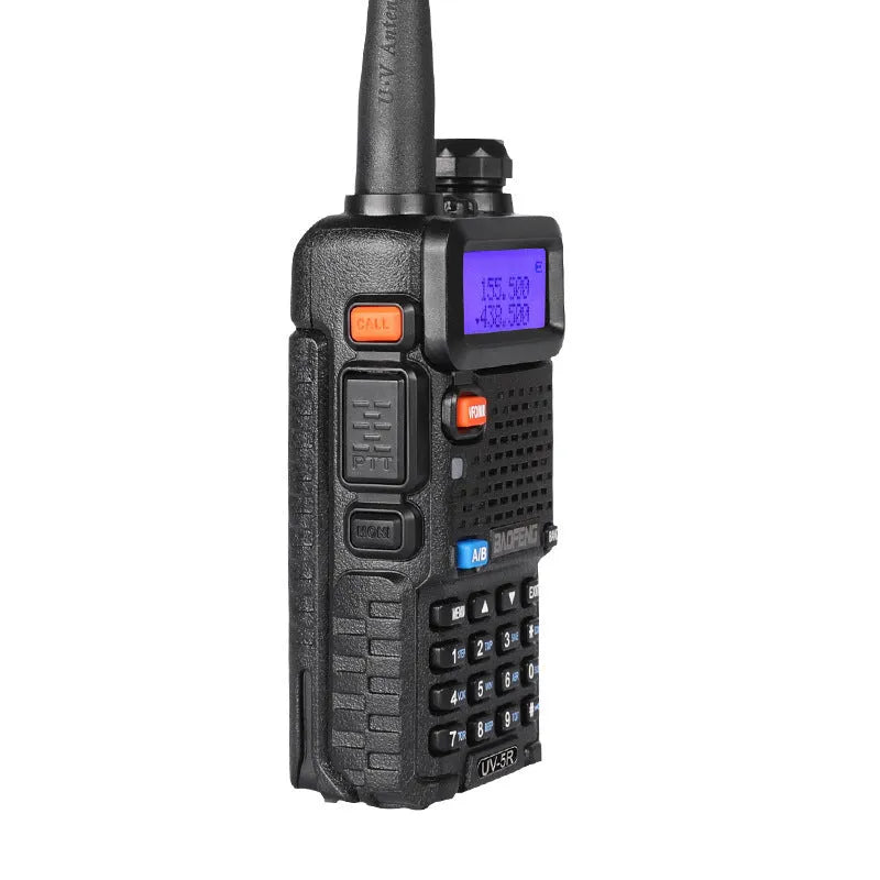 Professional black walkie talkie with LCD display showing dual-band VHF/UHF frequency operation