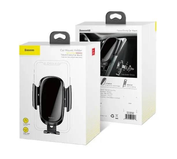 Smart car bracket mount holding a mobile phone, showing 360-degree rotation and adjustable clamp.