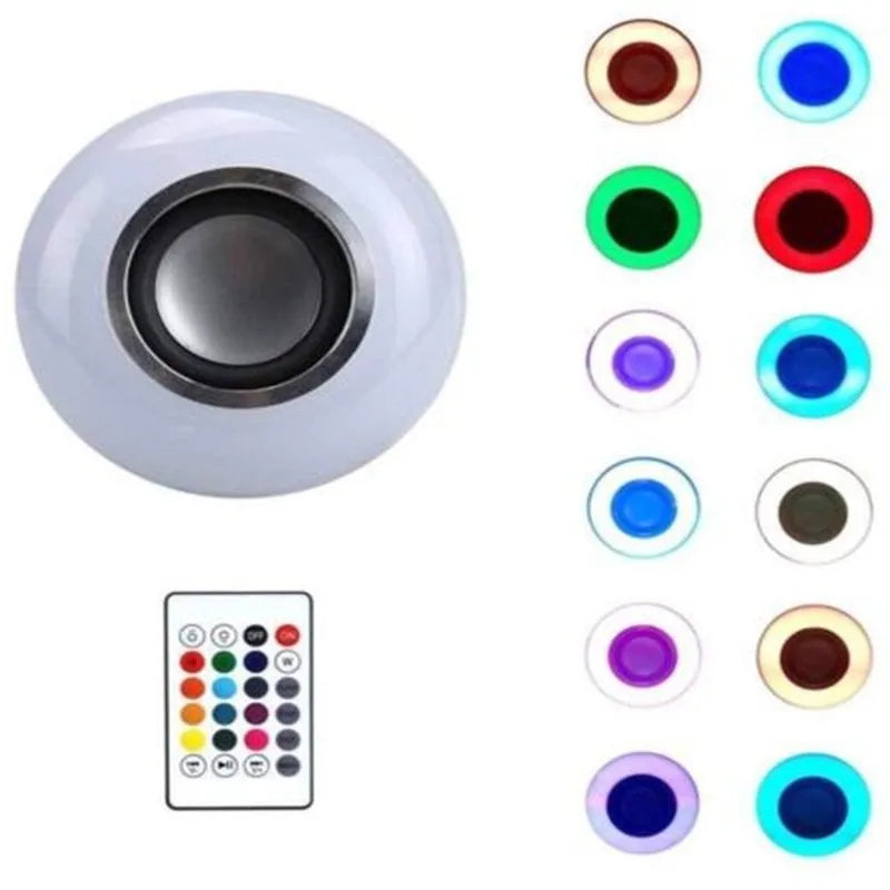 White Bluetooth speaker LED bulb with E27 base showing RGB colour options and remote control