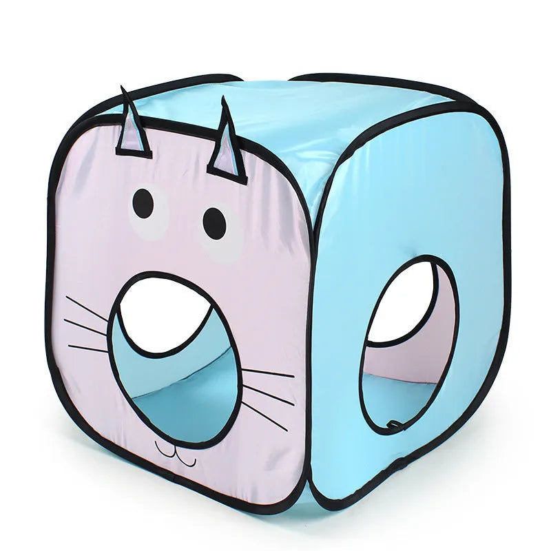 Foldable pet tent tunnel toy set in cat and fish design with three connected sections