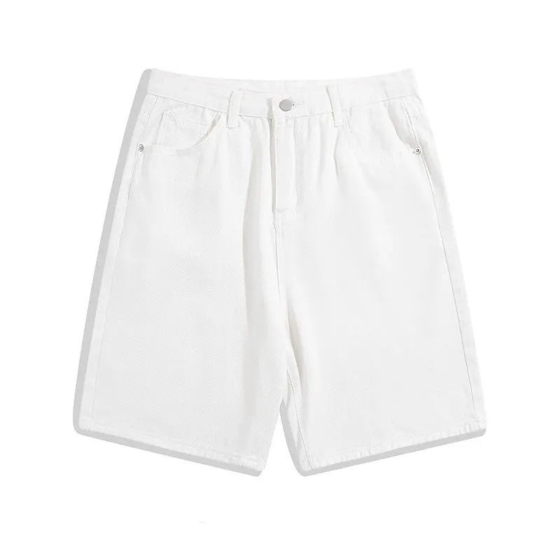 Men's light blue denim shorts with straight-leg fit and mid waist on a white background.