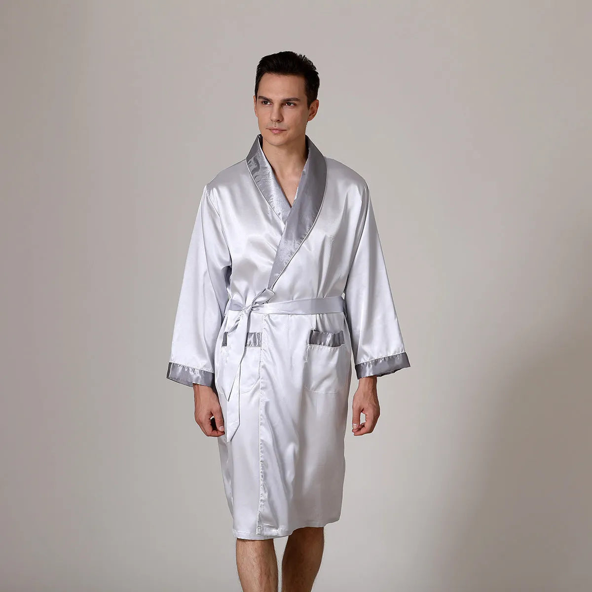 Men's rayon silk bathrobe nightgown with Asian continental sizing in multiple colour options