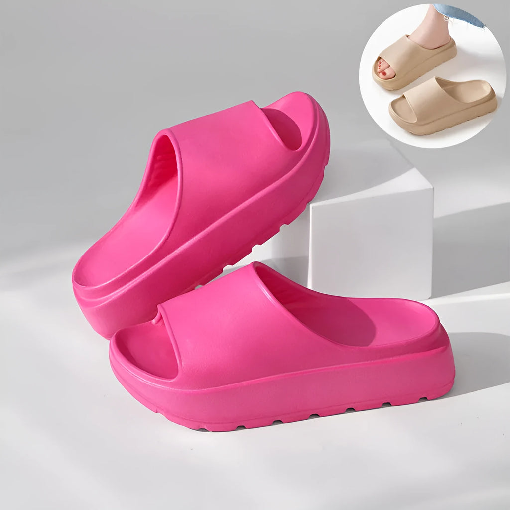 Women's beige thick-soled slippers with fish mouth pattern on 5.5cm EVA sole.