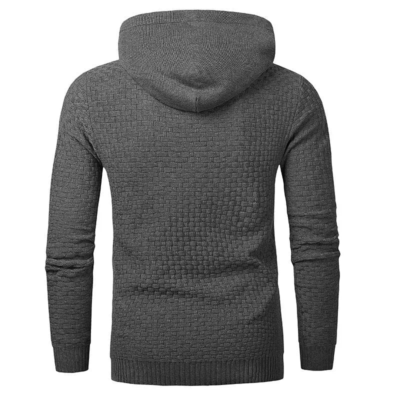 Men's black cotton-polyester blend hooded sweatshirt on a hanger.
