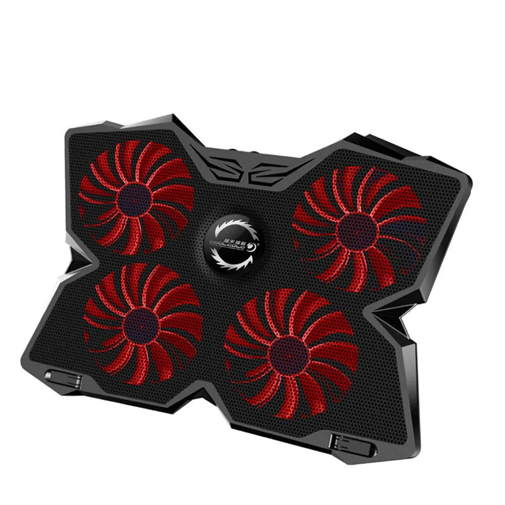 Blue laptop cooling base with four illuminated fans and two USB ports for computer heat dissipation