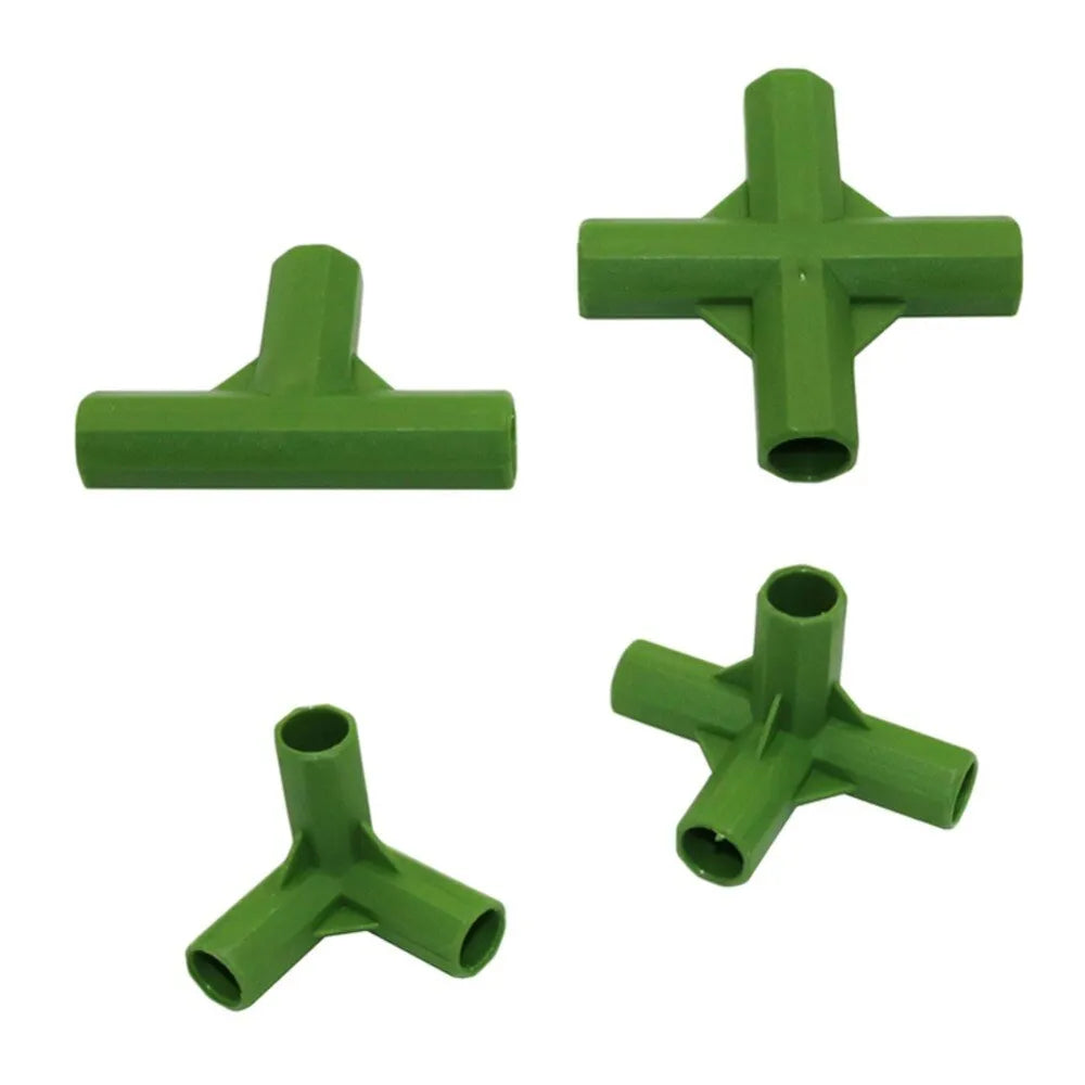 White plastic three-way and four-way garden stake connectors for building 11mm plant support frames.