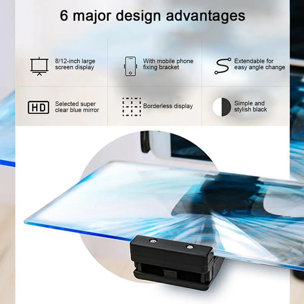 Black mobile phone screen amplifier with adjustable folding bracket on a 12-inch acrylic display