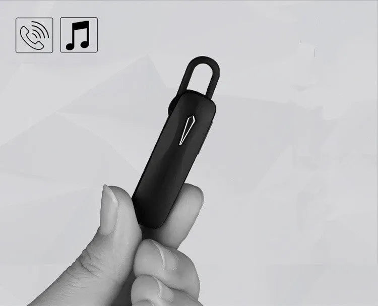 Black and white M163 Bluetooth car headset for hands-free calling and music control.