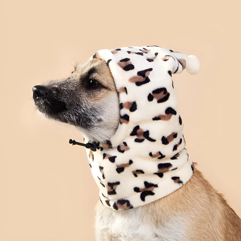 Cloth bear design pet headdress with rabbit ears on a dog, available in black, red, and leopard print.