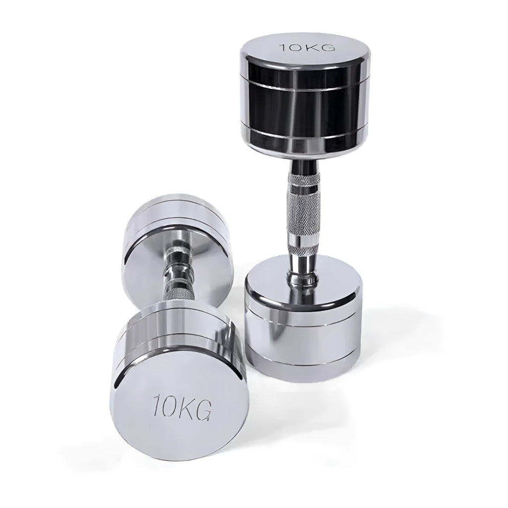 Silver electroplated steel dumbbell with hexagonal handle on a gym floor