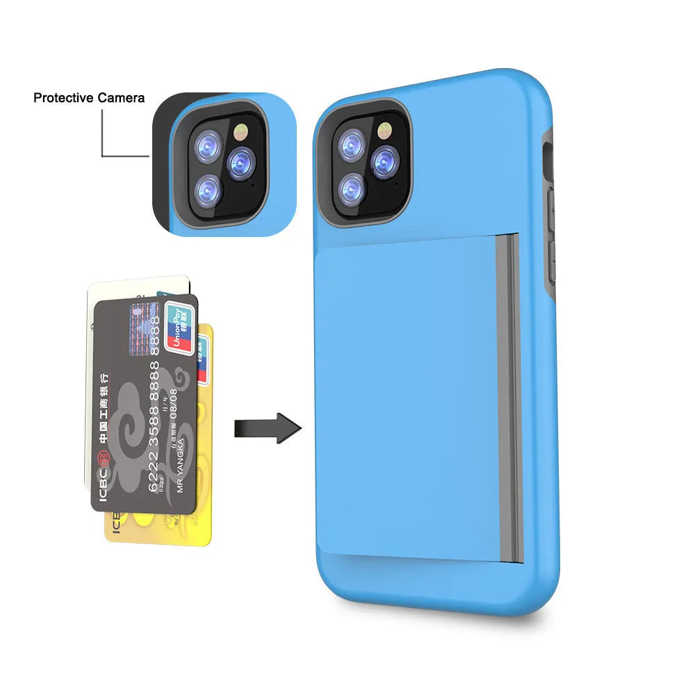 Slim black protective phone case for Apple iPhone 11, shown alongside red and blue colour options.