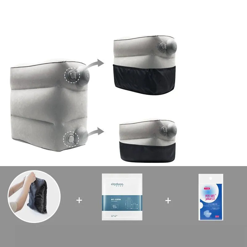 Gray inflatable foot pad with push-on button and adjustable storage bag containing travel accessories