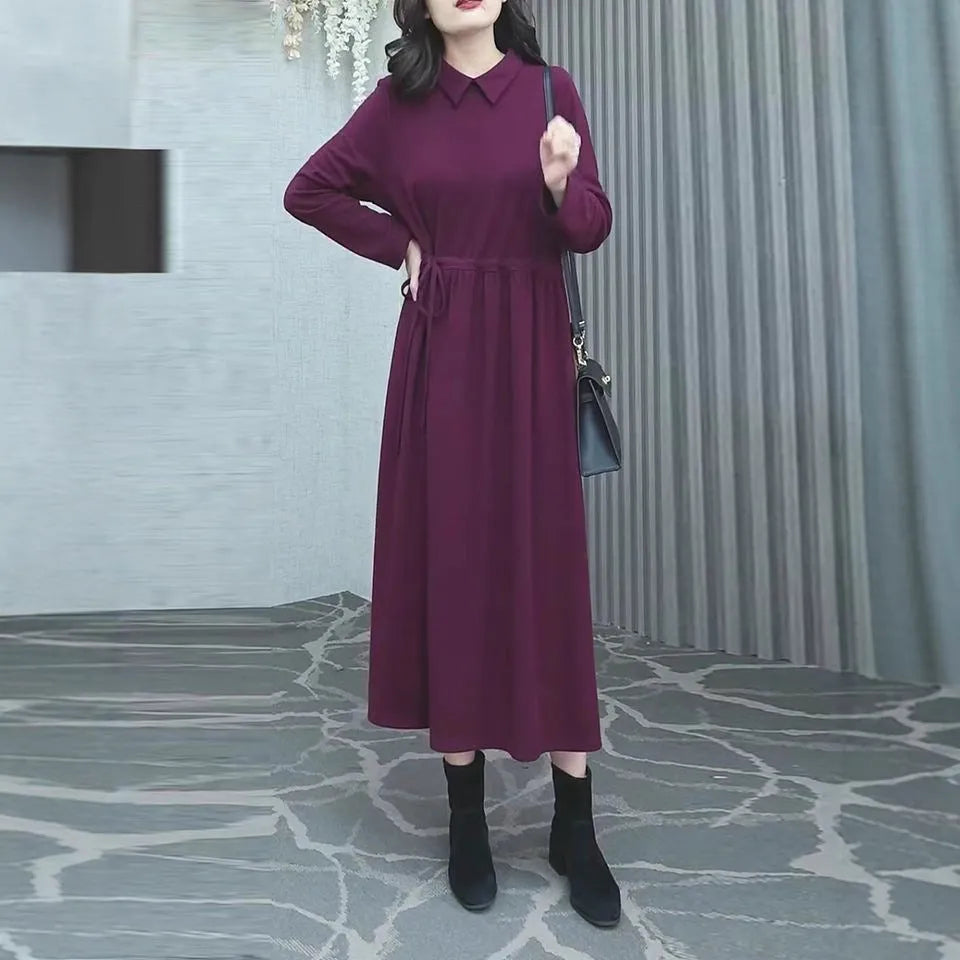 Purplish red plus size dress with extra long sleeves and long skirt for winter wear