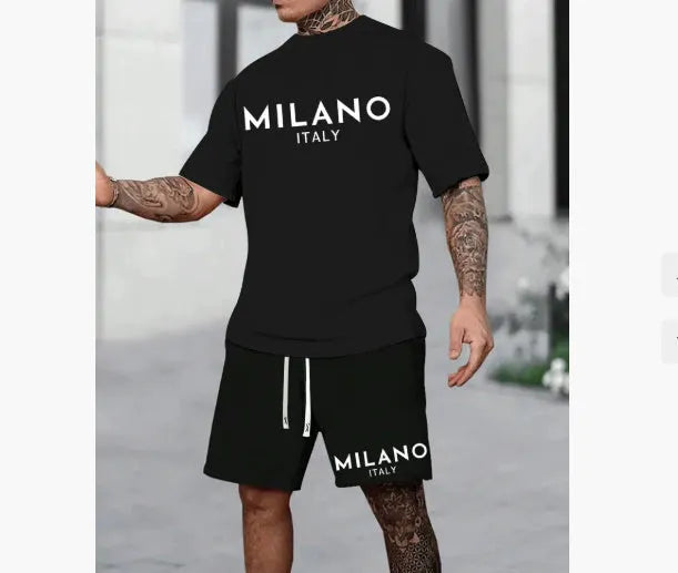 European style round neck short sleeve suit set with matching shorts in polyester fabric