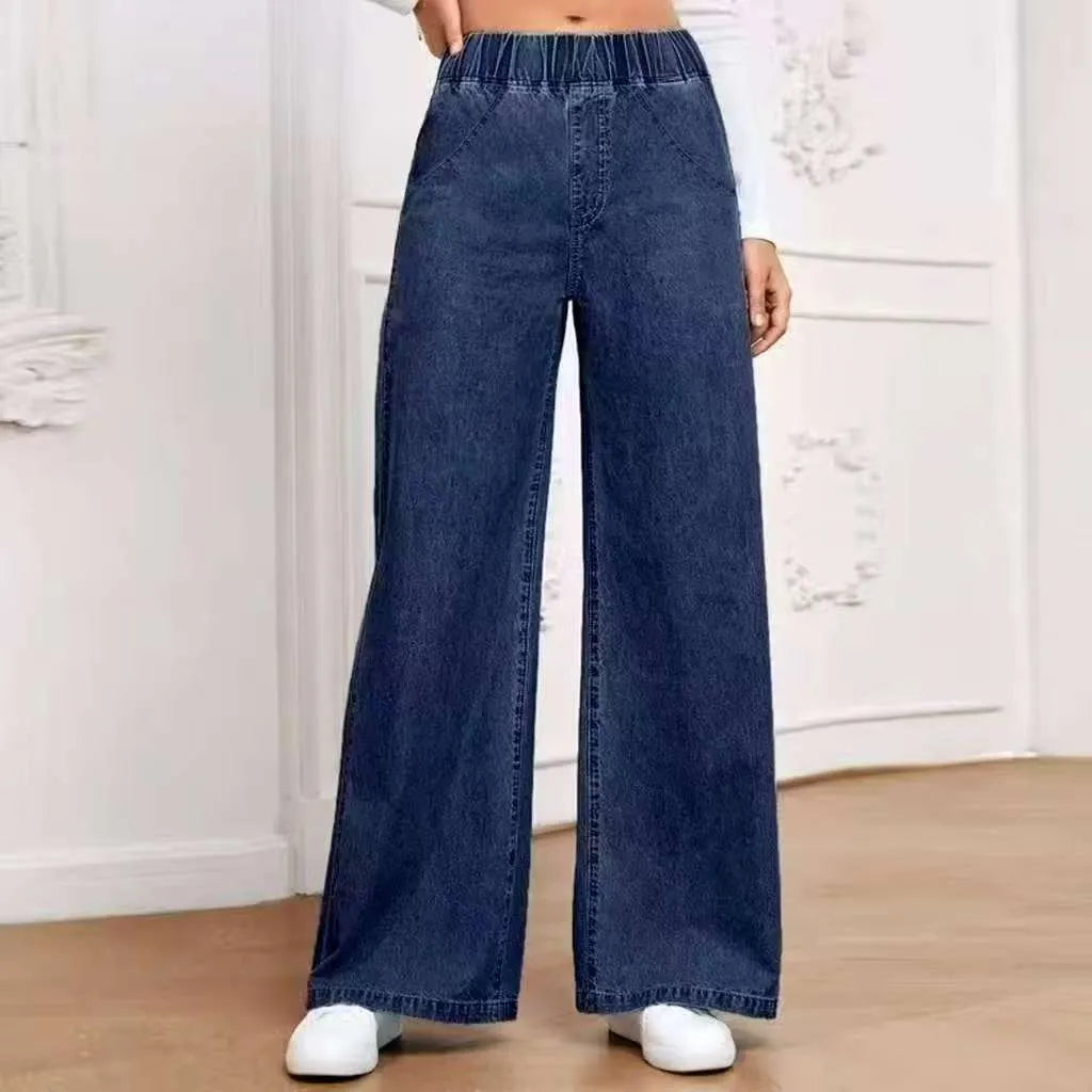 Women's light blue wide-leg denim jeans with straight cut and mid waist