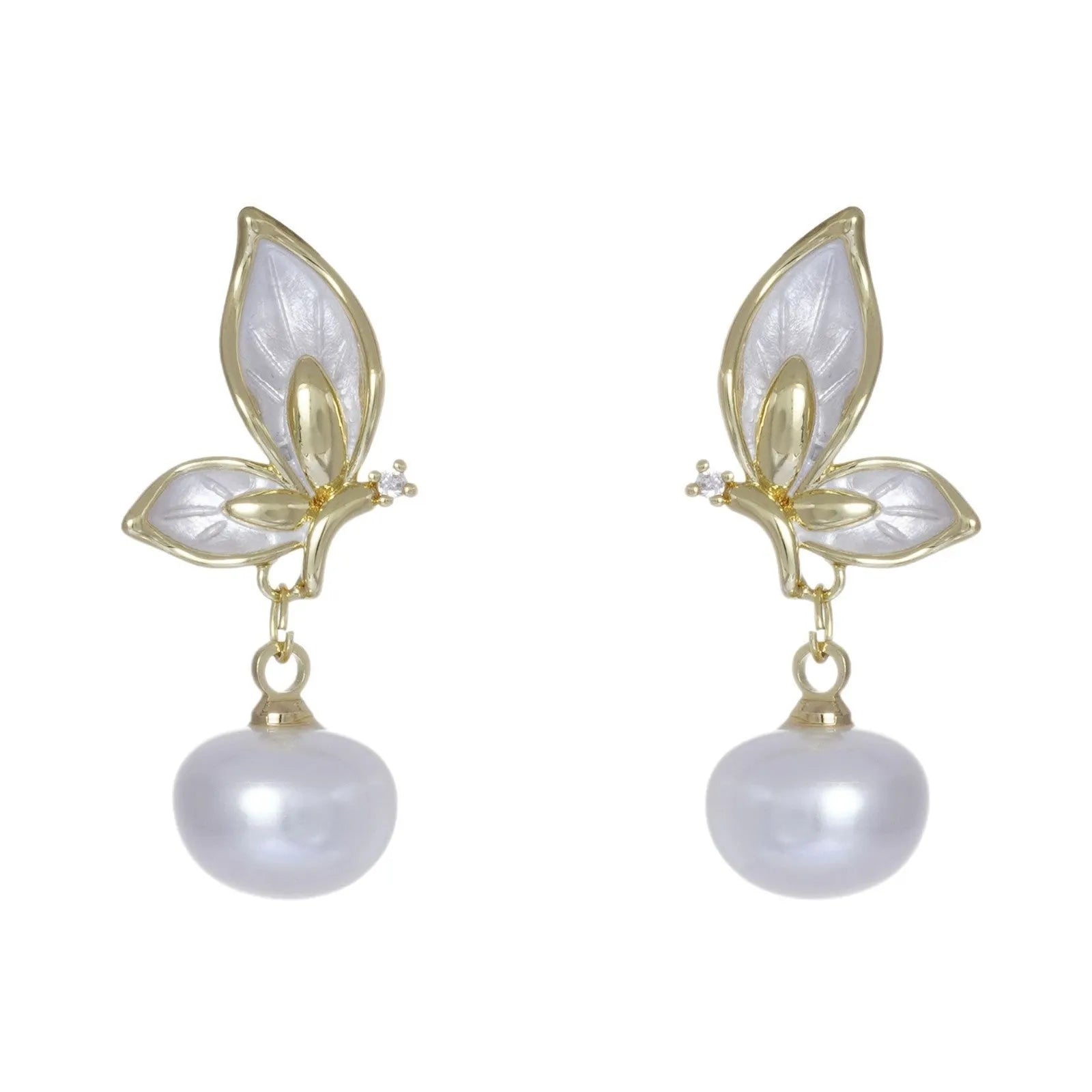 Copper butterfly drop earrings with electroplated finish and zircon painting oil detail, style PT0203.