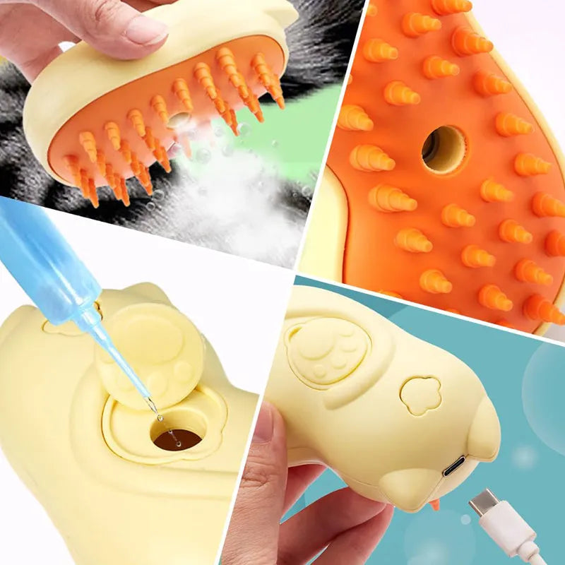 Steam generating pet grooming brush for cats and dogs on a white background.