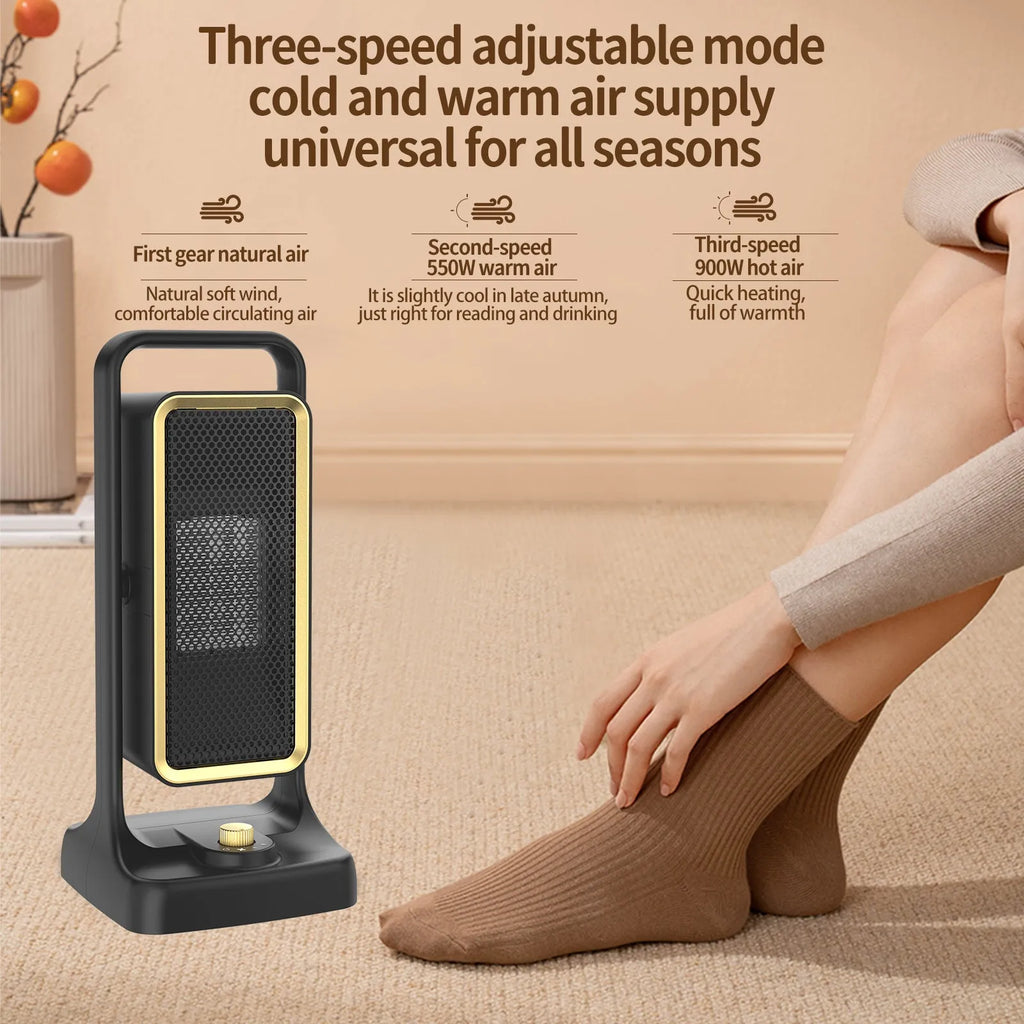 Black desktop PTC ceramic heater measuring 14.9cm wide with adjustable 500W-1000W output and three-speed fan