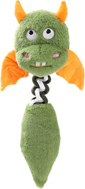 Plush dog toy with cartoon shape, rope knot, in black, green, or red on white background.