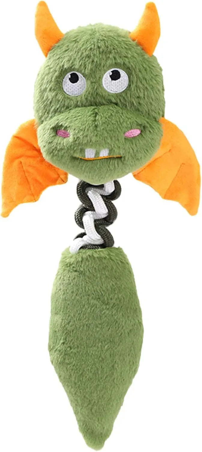 Plush dog toy with cartoon shape, rope knot, in black, green, or red on white background.