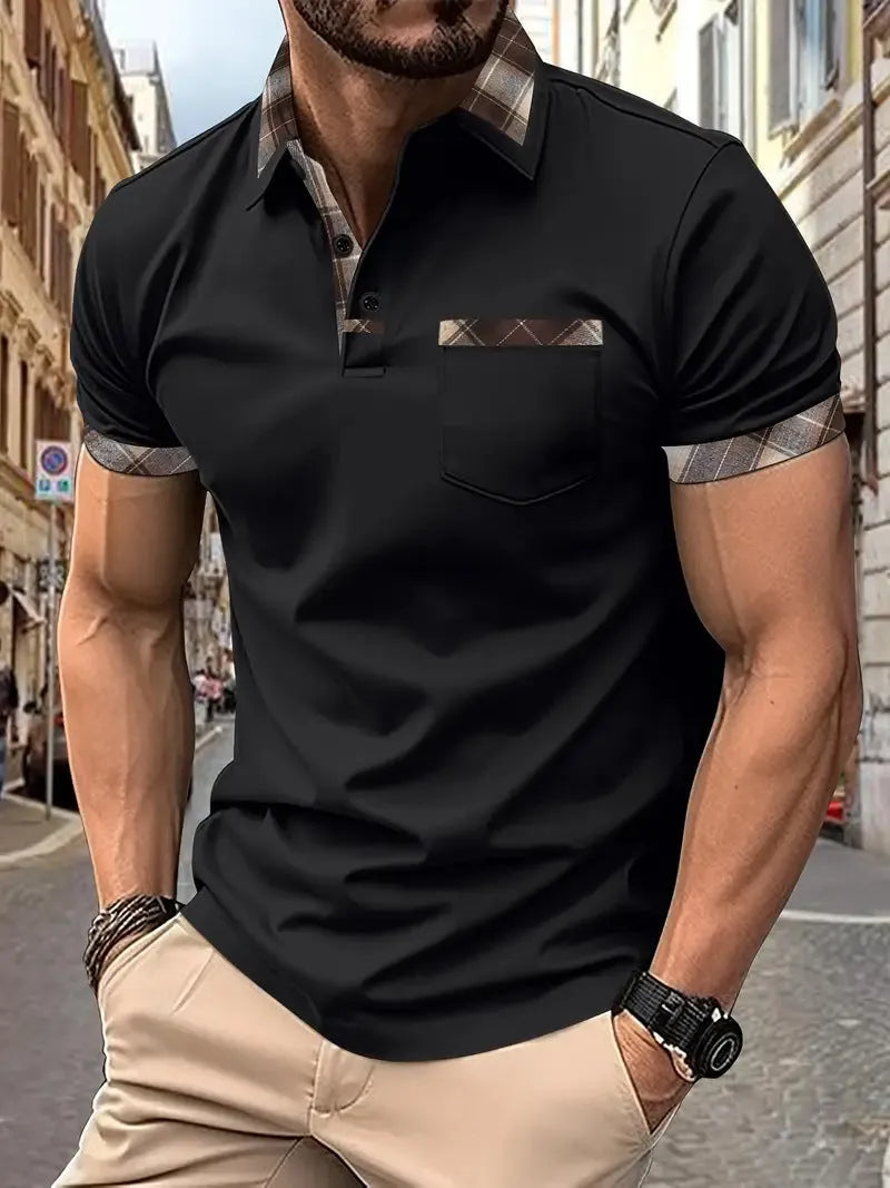 Men's plaid colourblock t-shirt with short sleeves and zipper decoration details