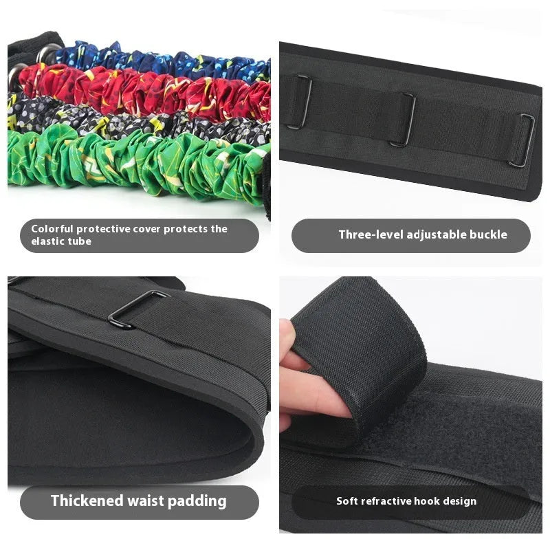 TPE elastic fitness resistance band with red, blue, black, and green colour sleeves indicating different pound ratings.