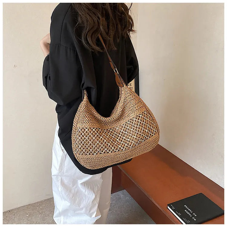 Women's khaki straw cross body bag with horizontal square shape and shoulder strap