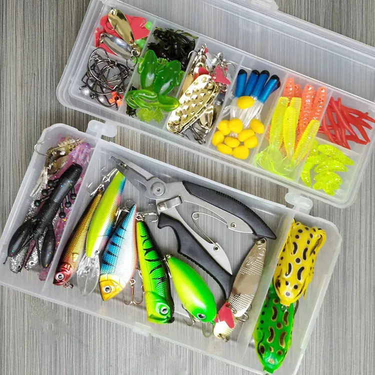 142-piece fishing lure set showing hard minnow lures, sequin lures, fishing pliers, and hooks arranged together