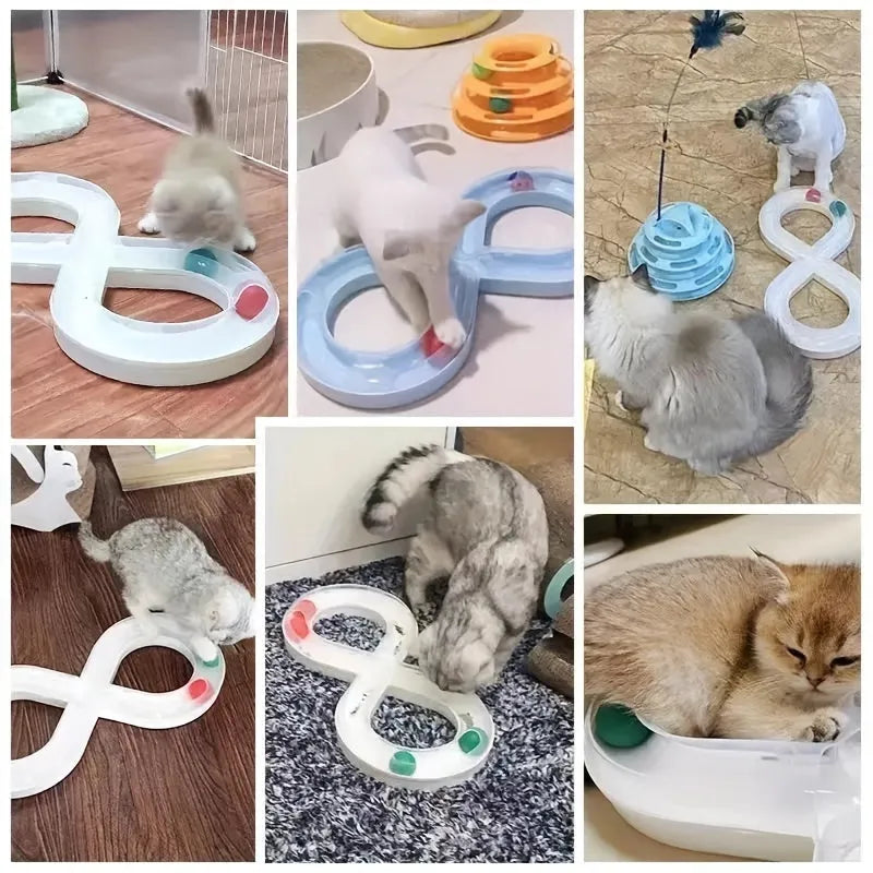 Blue and white interactive cat toy turntable track ball set with teasing stick for kitten play