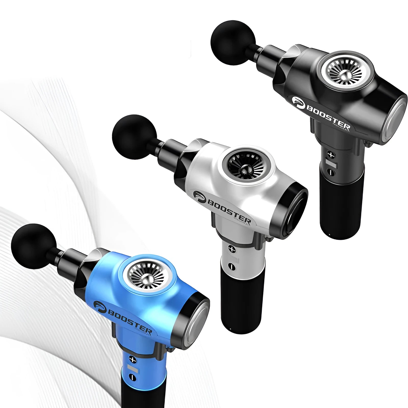 Black and white deep tissue massage gun with adjustable speed settings on a 1800-3200rpm scale.