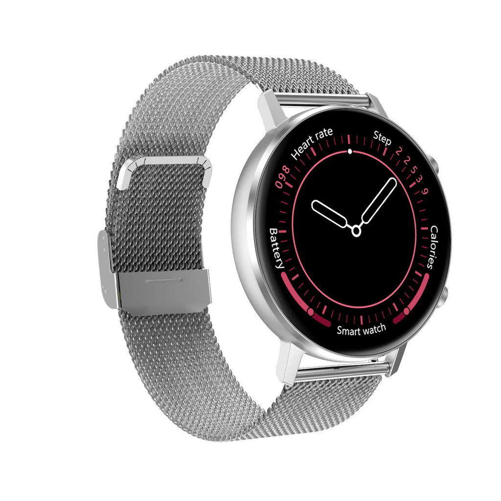 DT96 smart bracelet with steel strap showing 1.3 inch screen on wrist