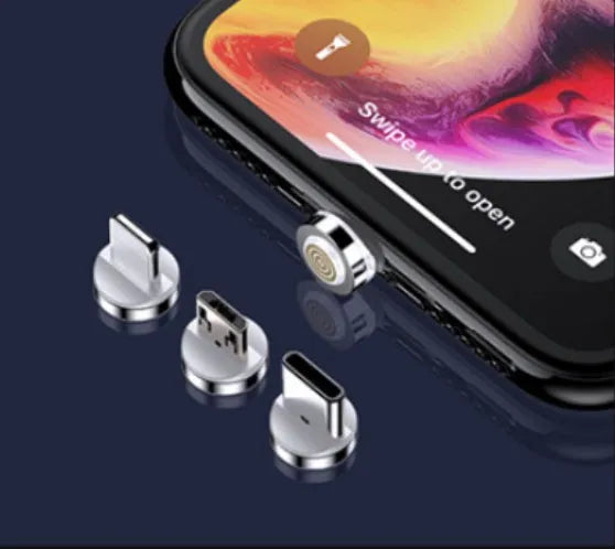 Magnetic USB fast charge and data cable for iPhone and Android phones in black, red, or silver.