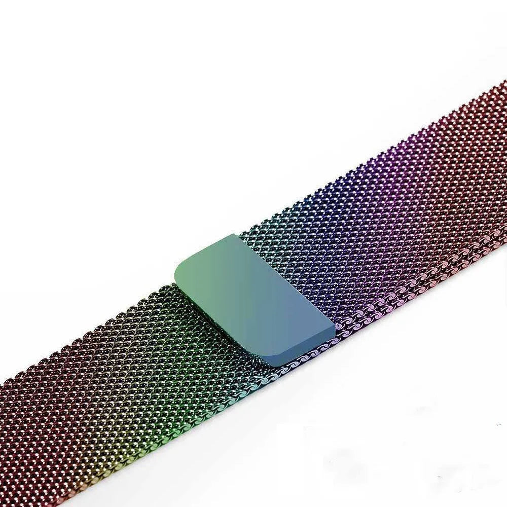 Stainless steel watch replacement strap in silver, shown next to black, gold, and rose gold options.