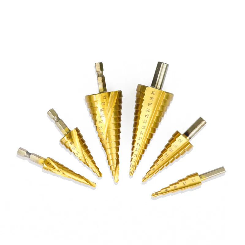 Step drill bit set with centre punch showing cone-shaped bits and colour-coded handles